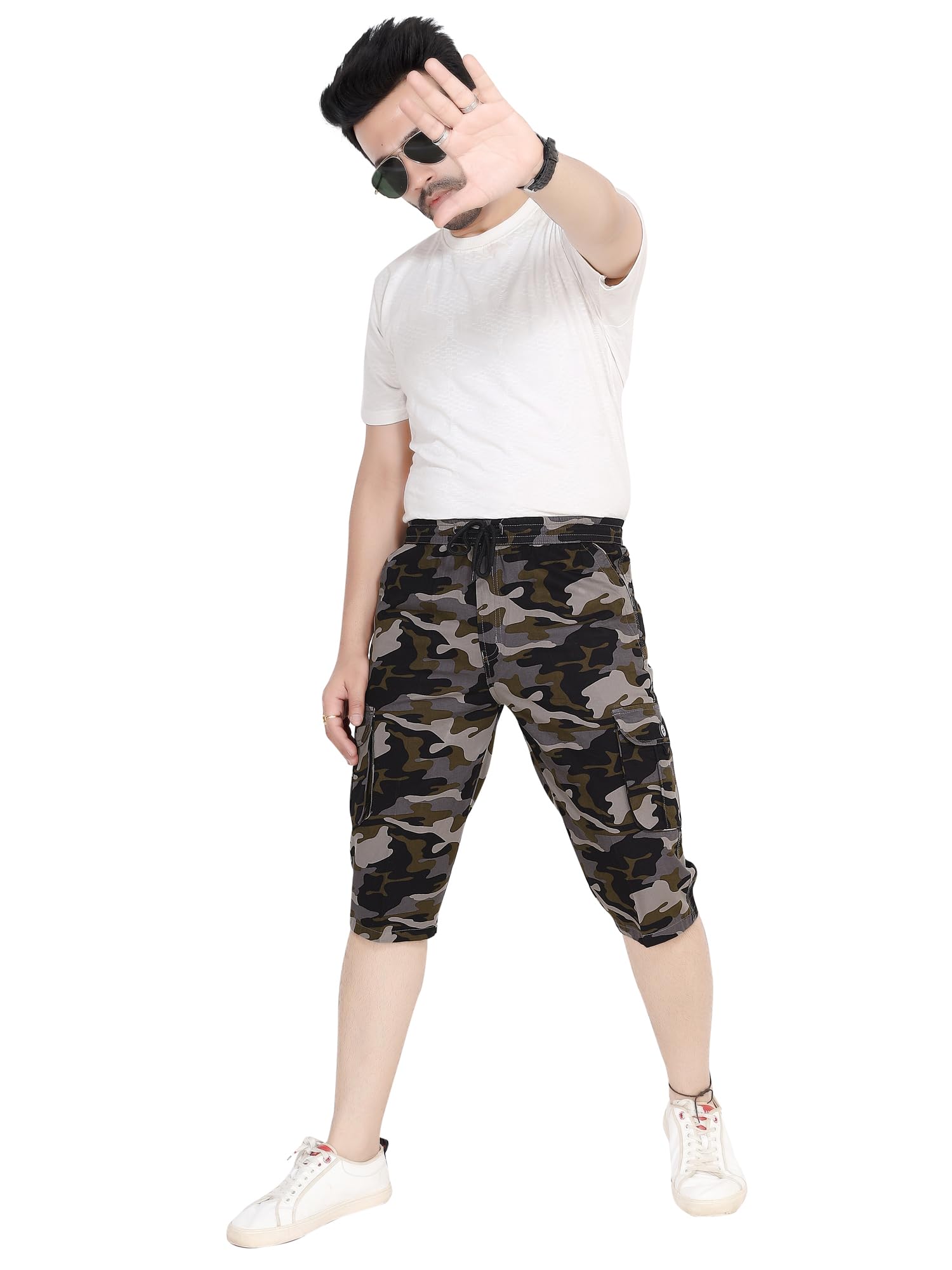Men's Cotton Camouflage Three Fourth Cargo Shorts, Regular Fit, Multiple Pockets, Grey and Black