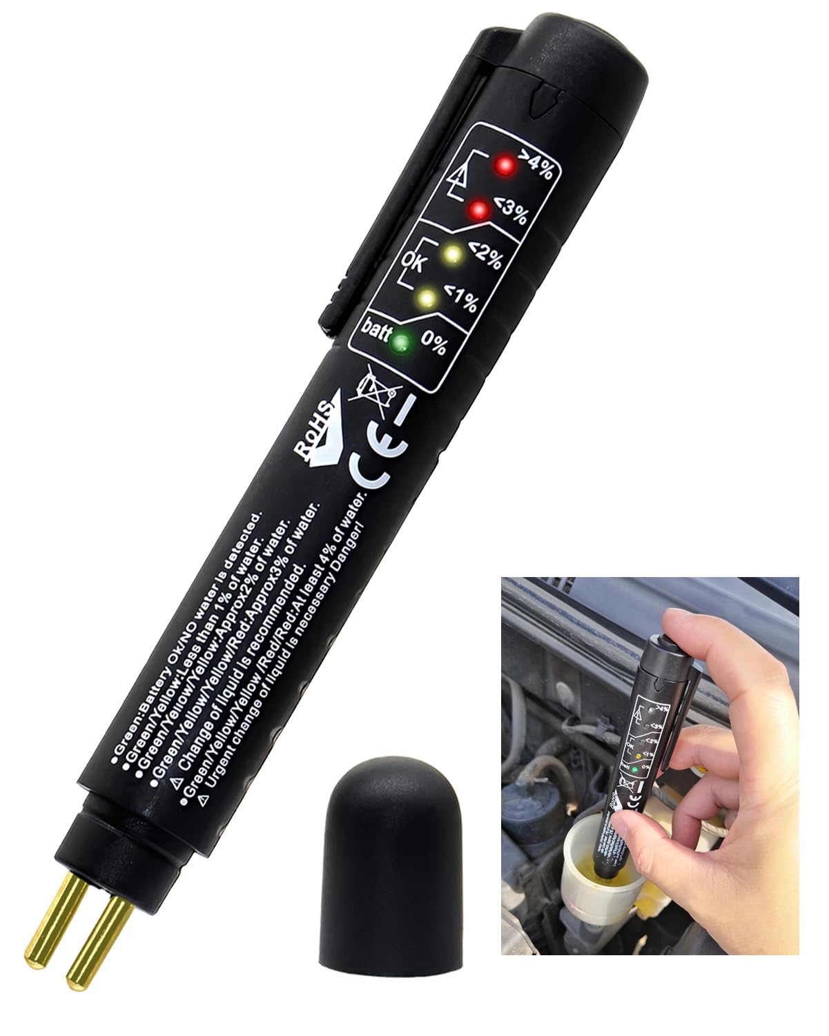Yuio Rilevatore Olio Freni per DOT3 DOT4 DOT5,1, Brake Fluid Tester con 5 LED Indicatore, Tester Liquido Freni, Penna Portatile per Test di Controllo qualità Olio Freni, Tester Universale Olio
