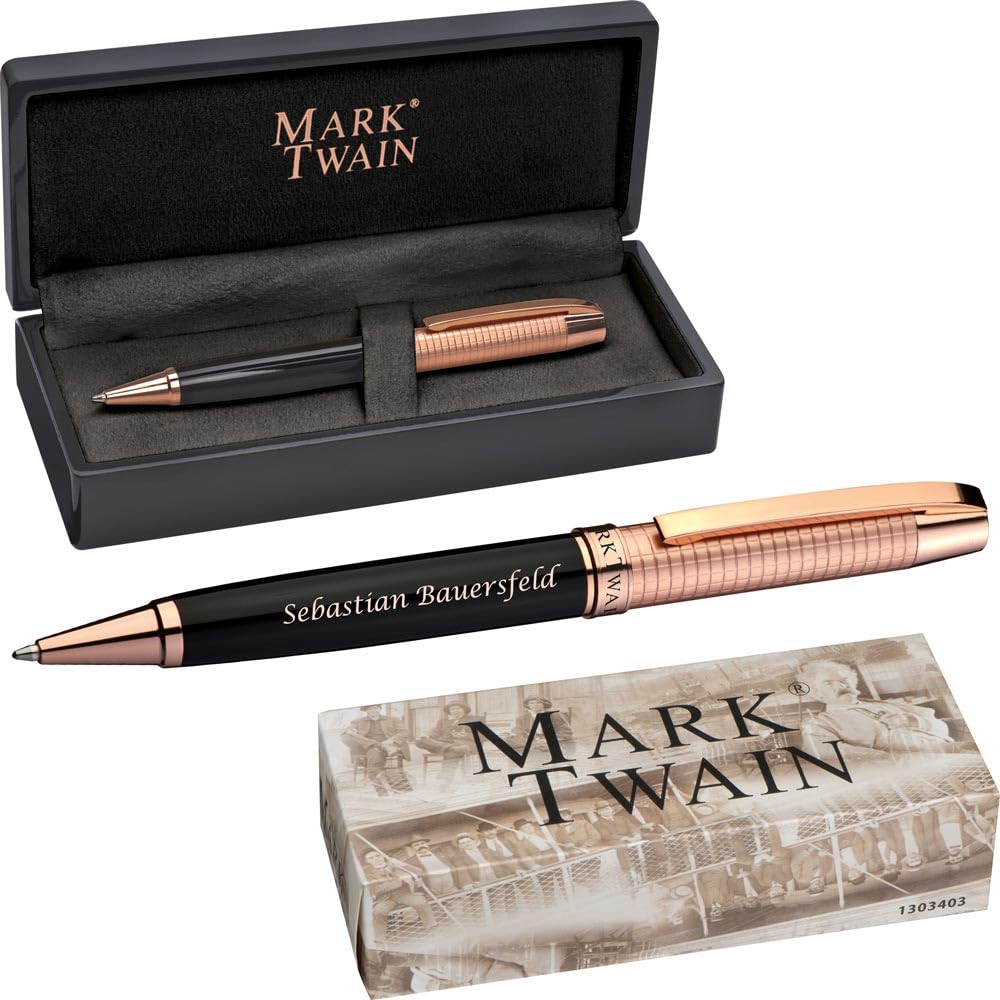Kugelschreiber Mark Twain mit Gravur | Drehkugelschreiber mit Kupfer und blau schreibender Großraummine | Etui schwarze Lackoptik | Geschenk Geburtstag | Abschluss | Prüfung | Weihnachten