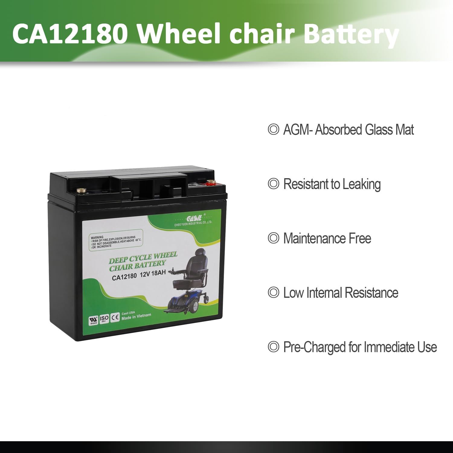 Casil 12V 18AH Deep Cycle Wheel Chair Battery Compatible with Pride Mobility Go-Go Elite Traveler Plus Wheelchair MKB ES17 12 Scooter Wheelchair, Internal Thread Terminal