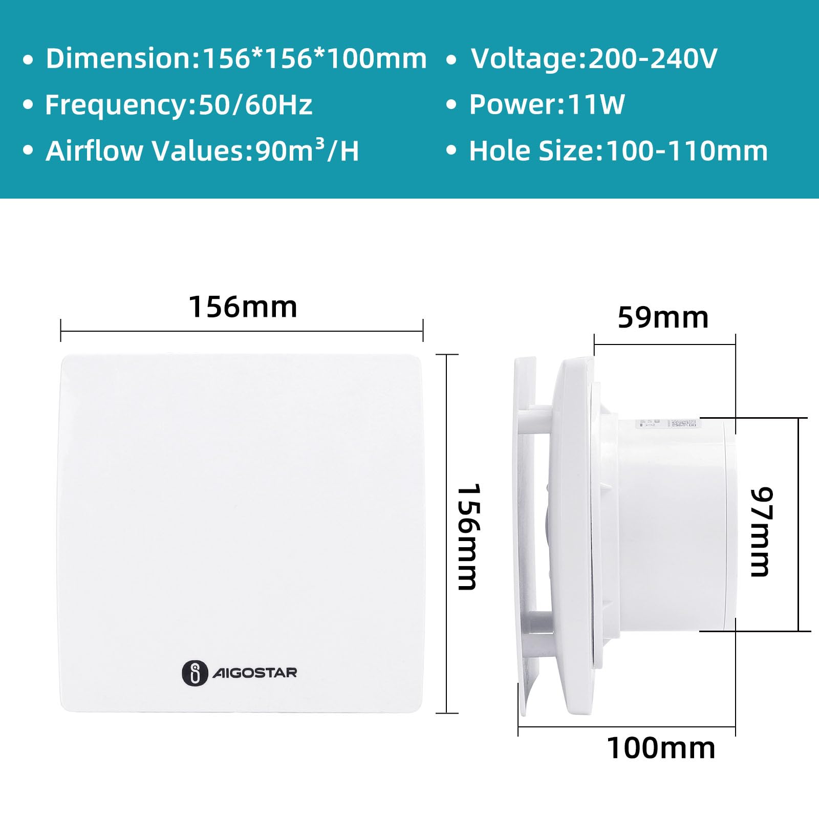 Aigostar Aspiratore Bagno Ø 100 mm, Ventilatore da Bagno con valvola di ritorno, Ventilazione estrazione Ultra silenzioso, 11W, Funzionamento Silenzioso, Per cucina, WC, Bagno