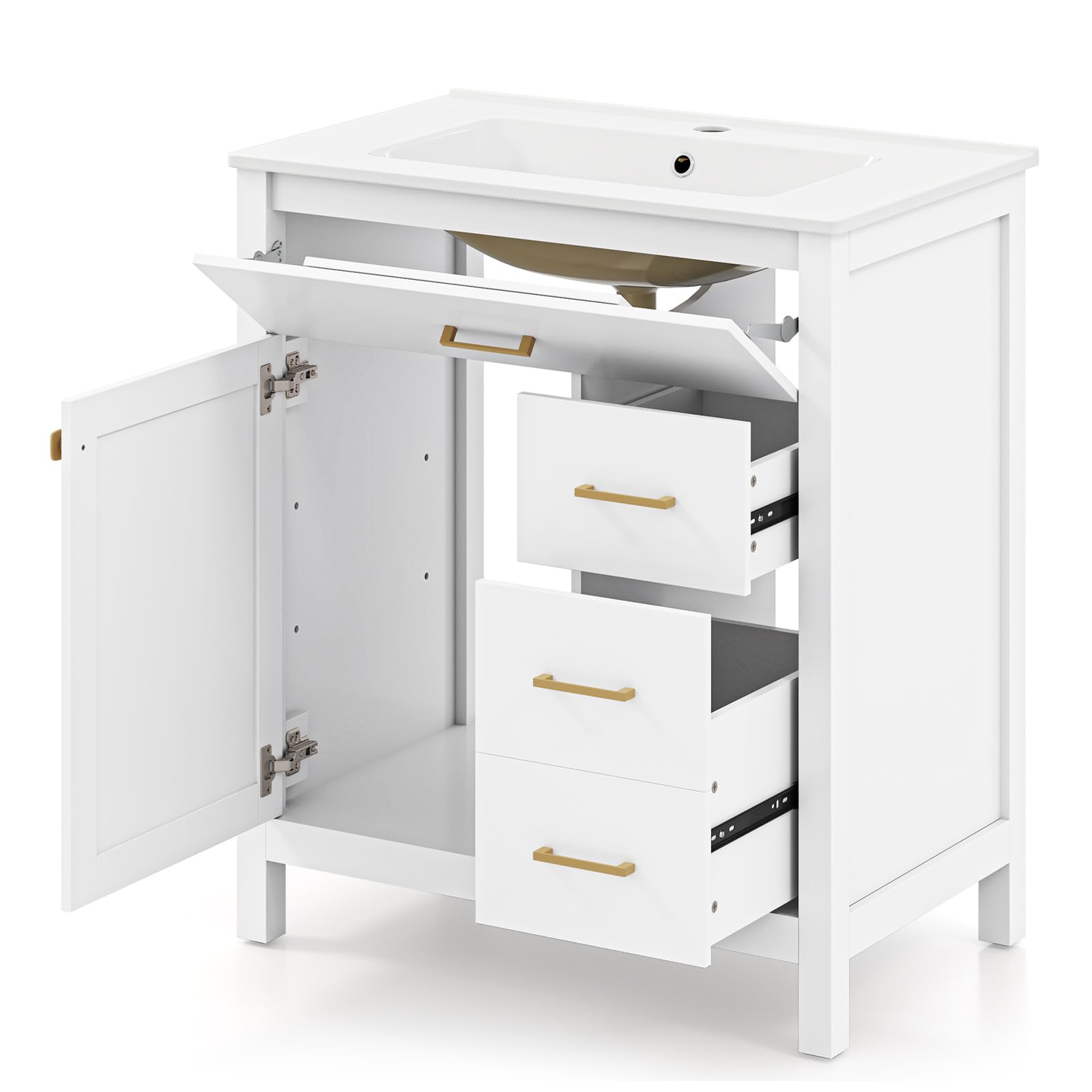 LIFEZEAL Badezimmerschrank mit Waschbecken, Waschbeckenunterschrank mit Keramikspüle, 2 Schubladen und Türen, Waschbeckenschrank Weiß 76 x 46,5 x 86 cm