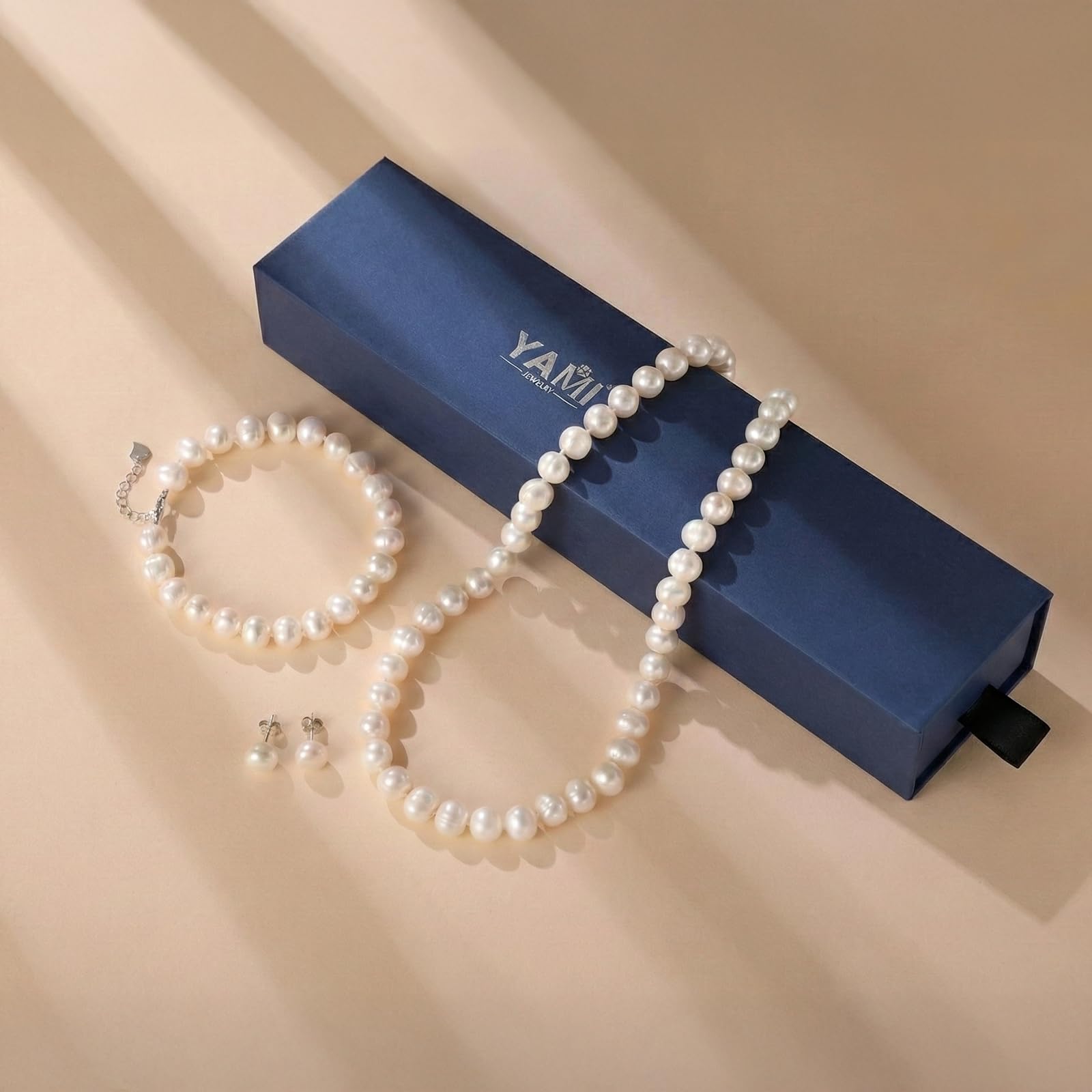 YAMI set perle (collana + bracciale + orecchini), perle di alta qualità coltivate in acqua dolce, argento 925 sterling ipoallergenico, qualità e bellezza, adatto come regalo di Natale, 45 + 5 cm