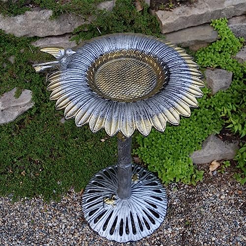 Image of Oakland Living 5065AP Antique Pewter Sunflower Design Aluminum Birdbath, Silver