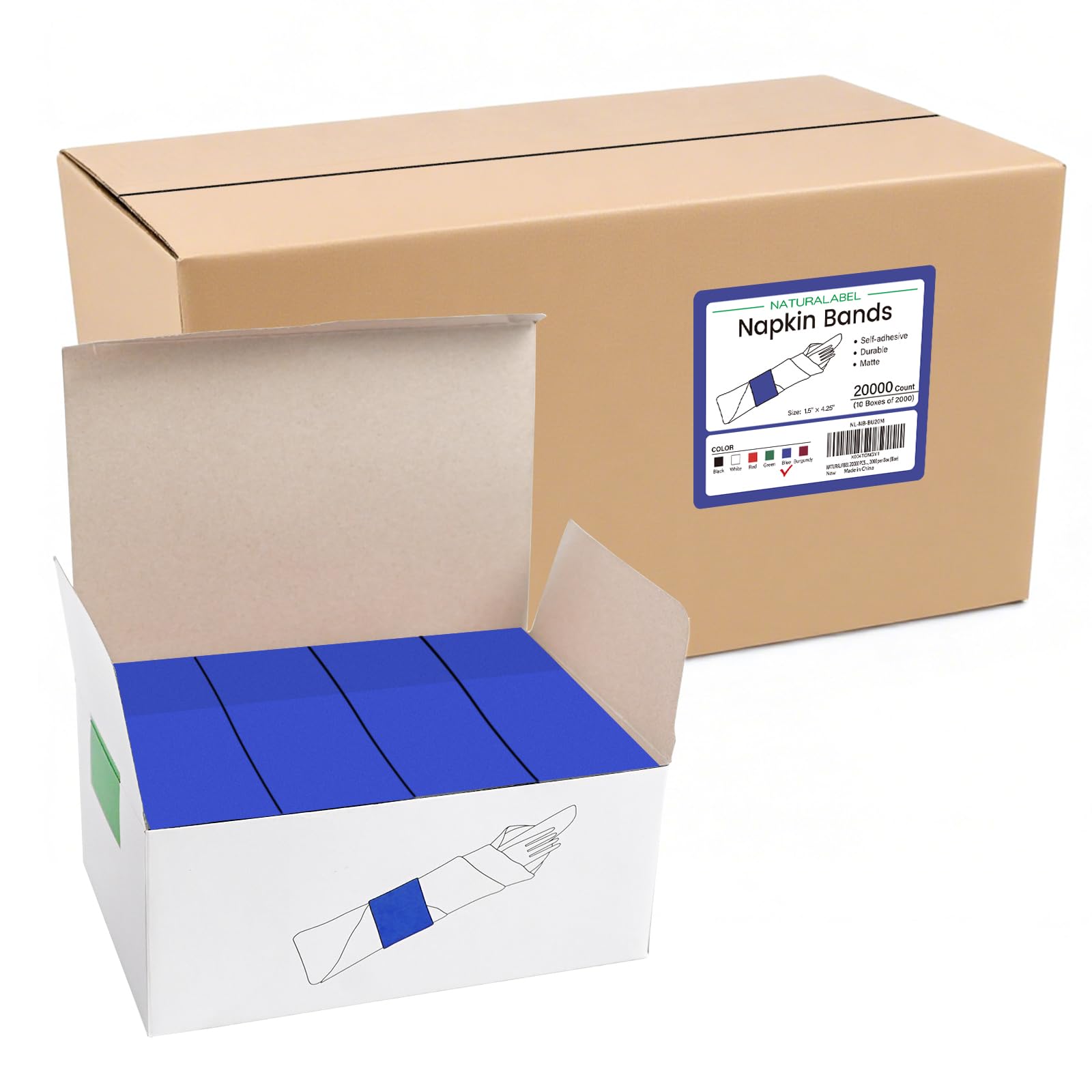 NATURALABEL Self-Adhesive Napkin Bands, Bulk Pack of 20,000, Blue