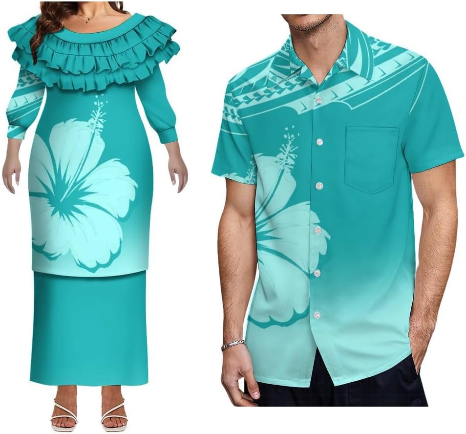 Women's Puletasi Dress Set Fashionable Couple Set Men's Pocket Shirt Polynesian Samoan Clothing