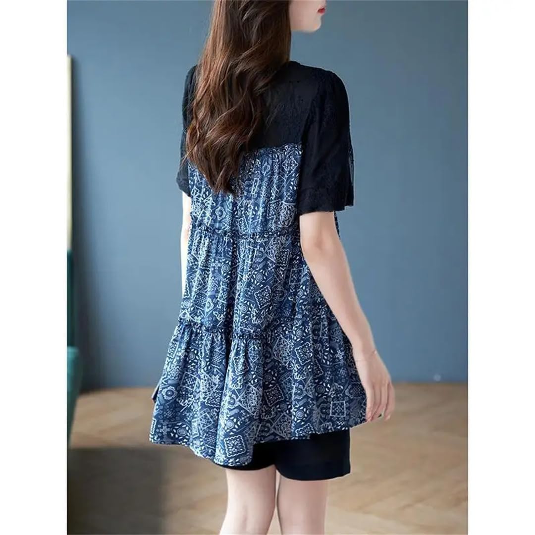Camicette da donna vintage stampate con fiocco impiombato finto due pezzi camicette floreali estate sciolto casual top
