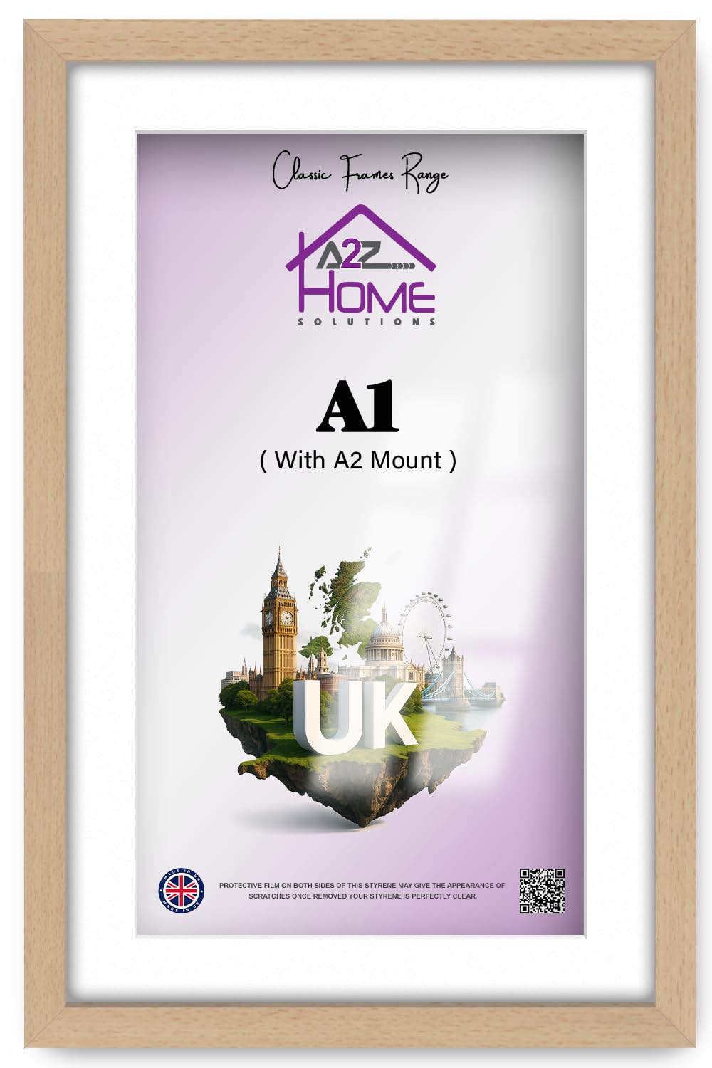 A2Z Home Solutions® Photo Frame Beech A1 Frame With A2 Mount Picture Poster Print With Clear HD Perspex 30x15 MM Moulding Mounting Hooks MDF Backboard — image 1