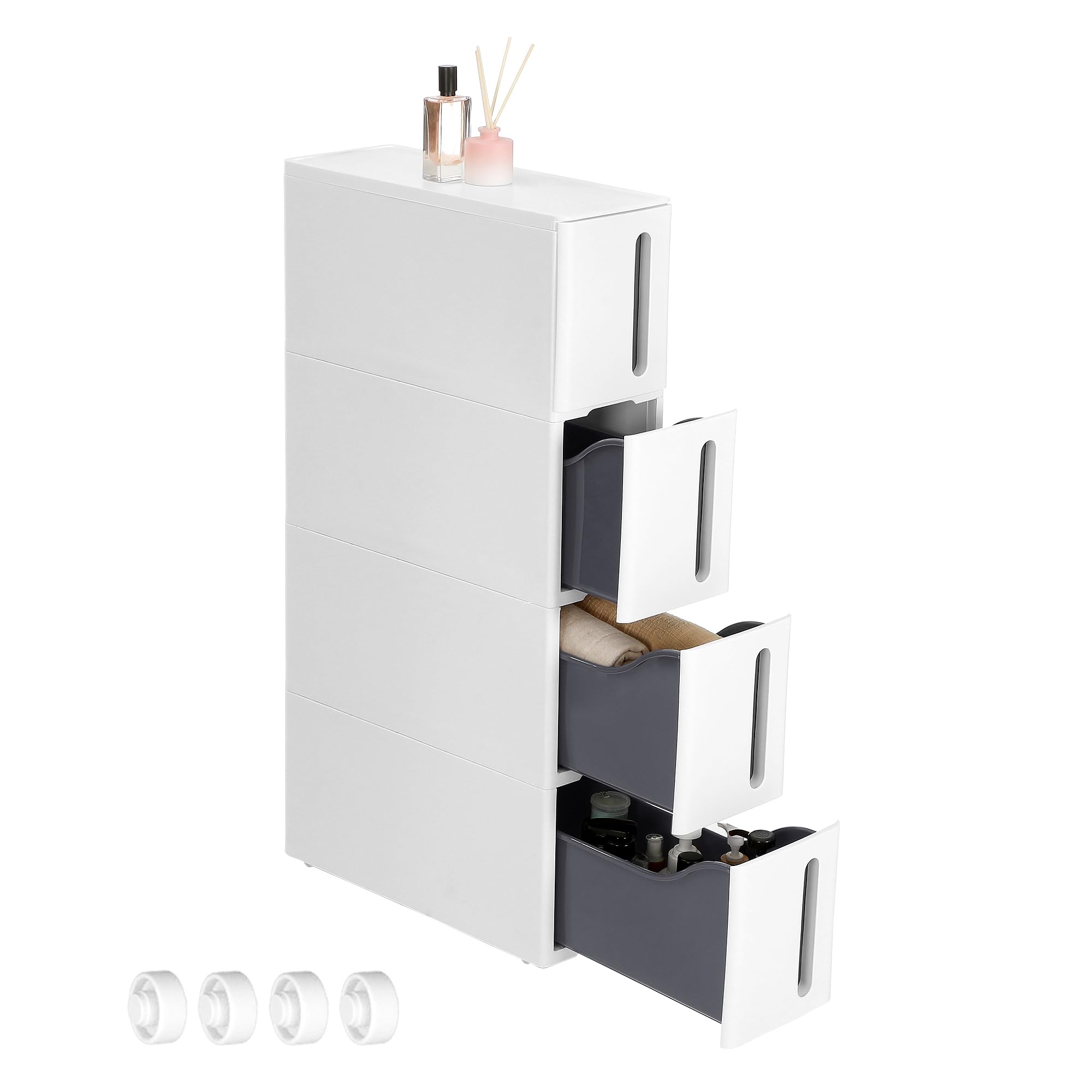 SONGMICS Nischenregal mit Rollen, Rollwagen mit 4 Schubladen, 17,3 cm breit, Badregal schmal, Rollregal, Küchenregal, PP-Kunststoff, platzsparend, 45,2 x 17,3 x 84 cm, weiß-grau KFR008G01