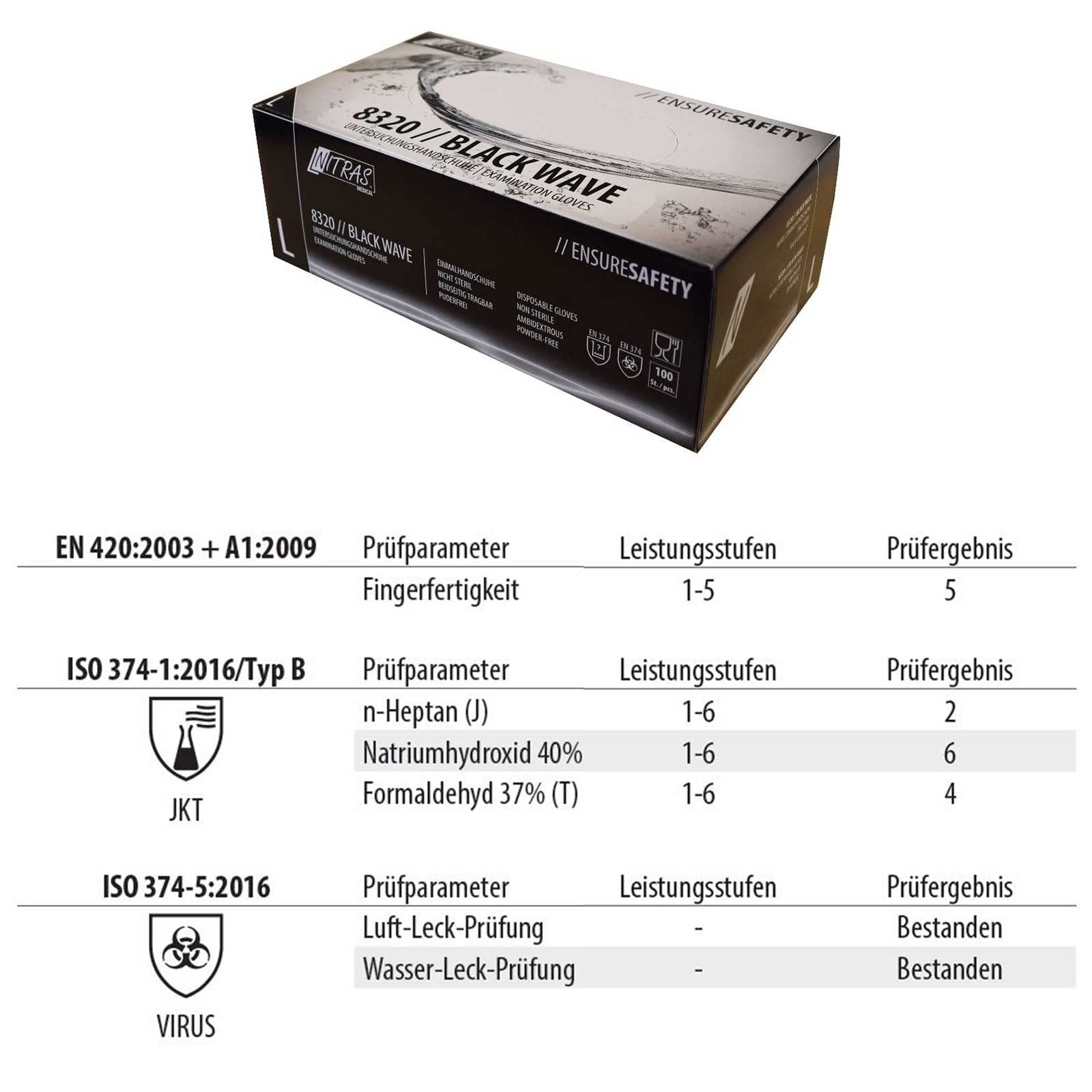 NITRAS Einmalhandschuhe 8320 Black Wave 10x 100 Stück - Einweghandschuhe puderfrei und extrem reißfest, perfekt in einer Box zum Dosieren, Größe:9