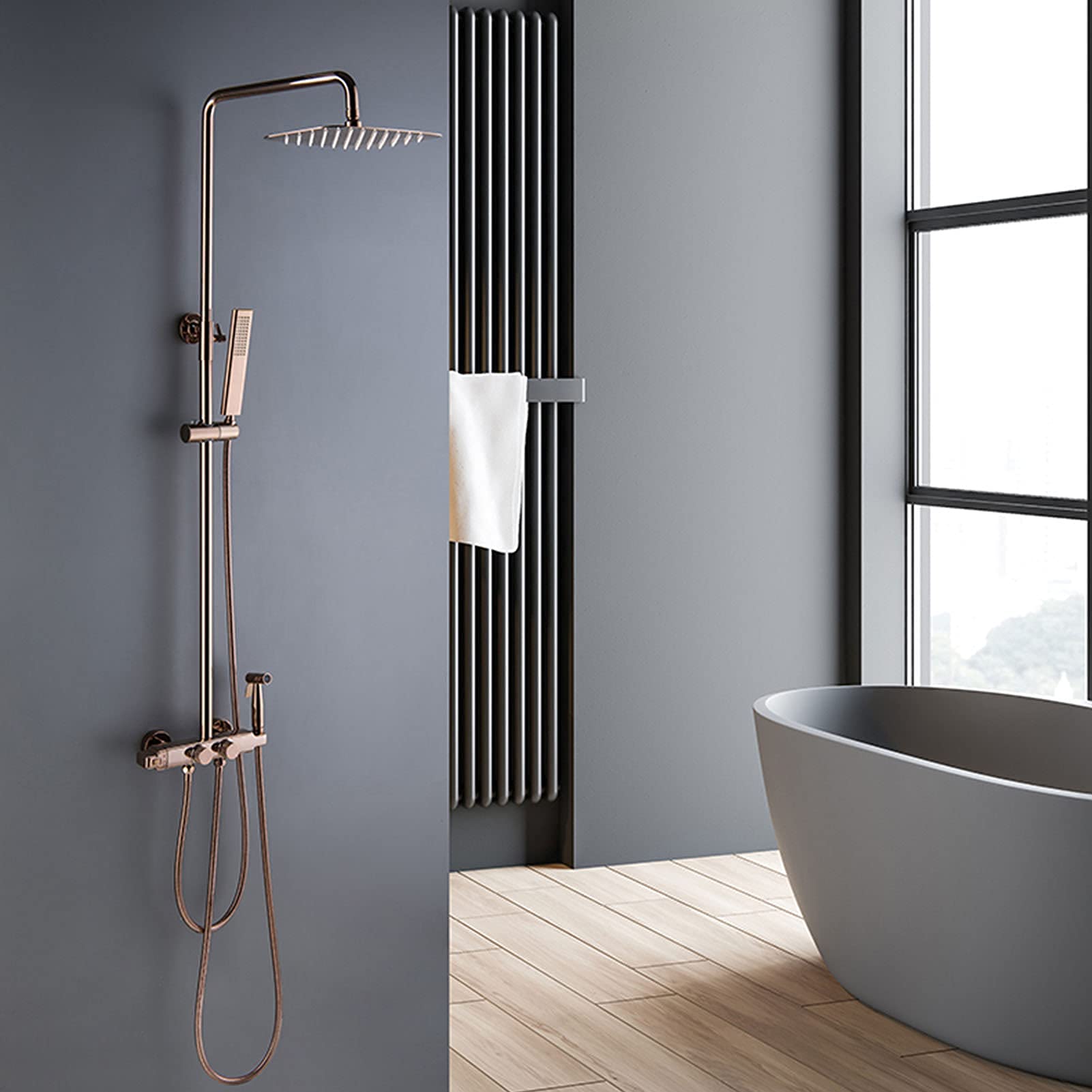 QUSYZD Shower Faucet Set, Luxury Rainfall Shower Head with Handheld Spray, Bidet Sprayer, Wall Mounted Thermostatic Bathtub Faucet Set, Solid Brass,Gray,Chrome Gold,Rose Gold
