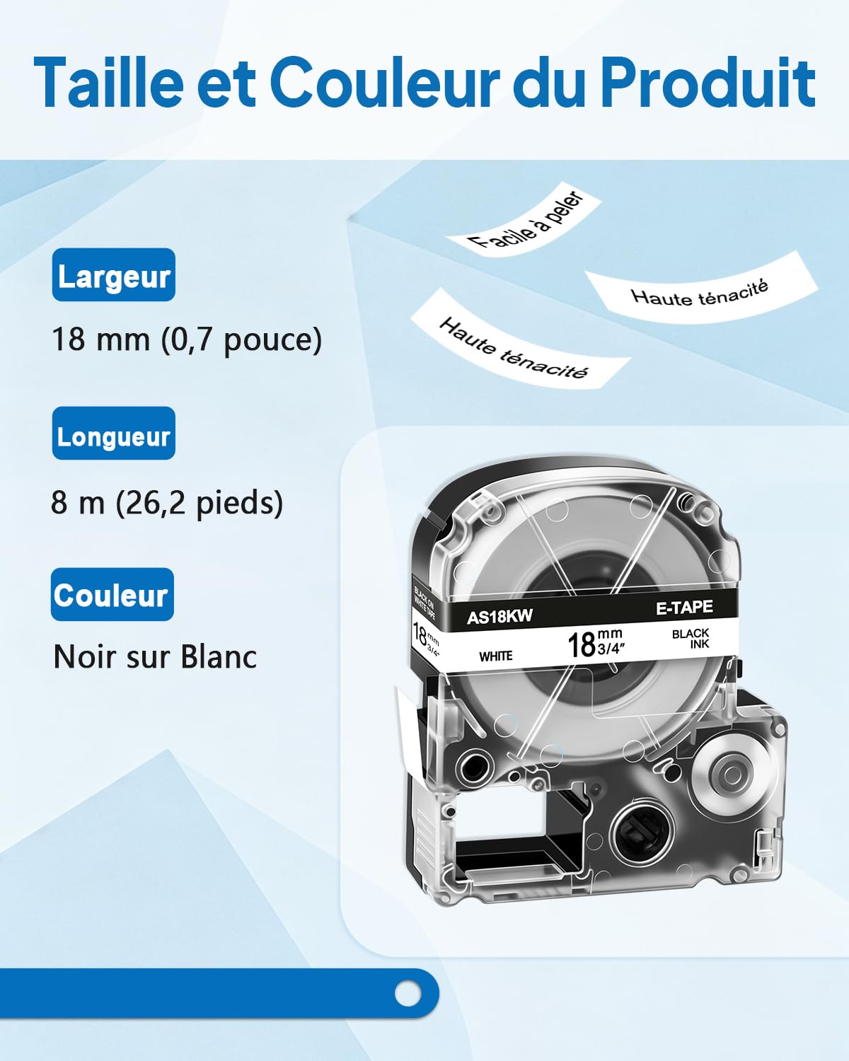Cruxer Lot de 80 rubans d'étiquettes de rechange pour SS18KW LK-5WBN AS18KW 18 mm x 8 m laminés noir sur blanc compatibles avec Epson LW-1000P LW-700 LW-400 LW-500 LW-600P LW-900P LW-PX300