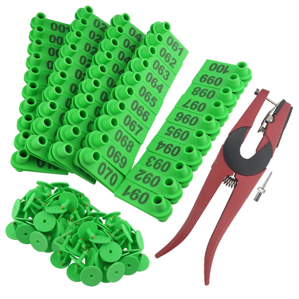 WMYCONGCONG 1-100 numeri di plastica bestiame etichetta per orecchie con etichetta per animali verde e 1 applicatore per etichette auricolari per pecore di capra (verde)