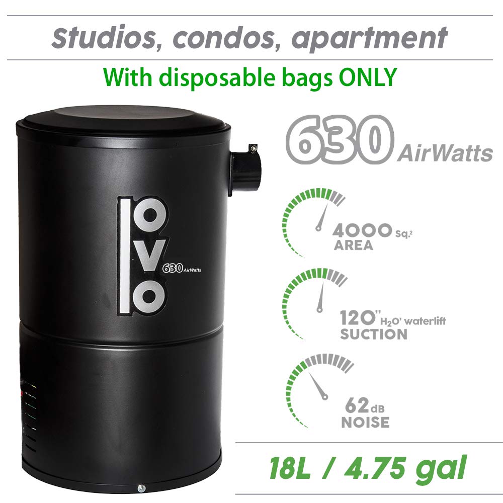 OVO Compact and Powerful Central Vacuum System, Condo Vac, 630 Airwatts, Use with Disposable Bag, 18L or 4.75Gal, 30 ft Carpet Deluxe Accessory Kit Included