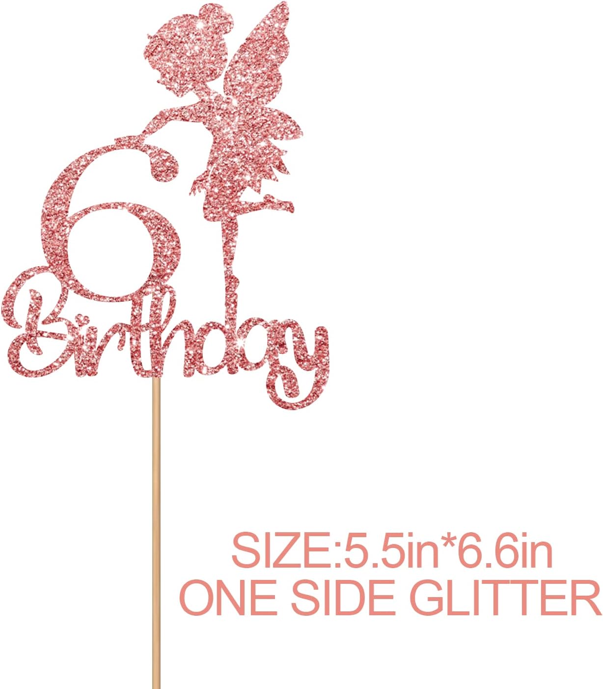 Rose Gold Fairy Happy 6th Birthday Cake Topper, Fairy Six Sign Cake Topper, Girl's Birthday/6th Anniversary Party Decorations Supplies