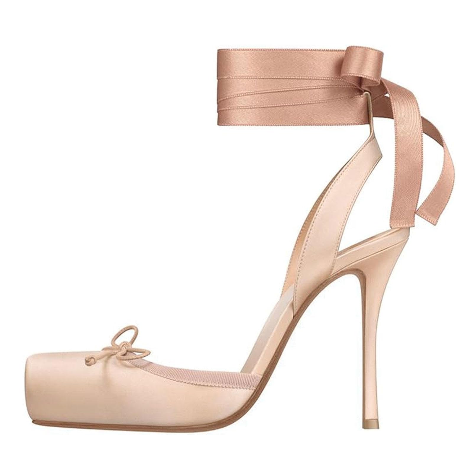 High Heels Damen Satin Ballerina Pumps Quadratischer Zehenpartie Schleife Slingback Riemchen Stiletto Sandalen Elegante Party Abendschuhe 9cm,Apricot-36