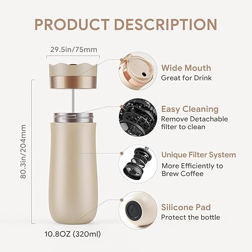 Miniatura 5 de BRBHOM La cafetera de acero inoxidable portátil original de acero inoxidable con aislamiento al vacío, taza de viaje caliente y fría prensas