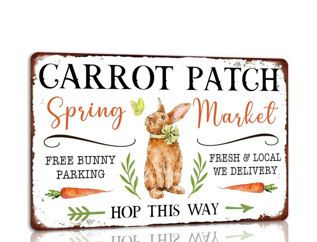Sitrmgh Sign Carrot Patch Spring Market Metal Tin Retro Vintage Easter For Home Cafes Easter Farmhouse Wall Decor Bunny Rabbit Plaque Spring Decor 8X12 Inch