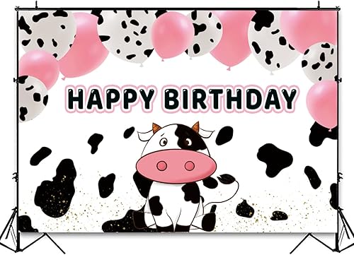 Miniatura 3 de InMemory Fondo de fotografía de cumpleaños con globos rosa y blanco con estampado de vaca, fondo de fotografía de cumpleaños para niños, niñas, vaca