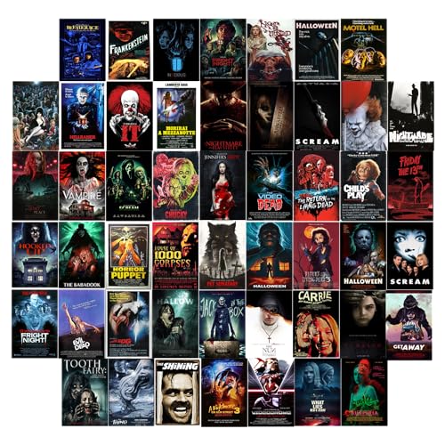 OsouYY 50Pcs Movie Poster Wall Collage Kit - Vintage Picture Room Decor Art Posters Aesthetic Room Decor Album Cover Inspired Wall Collage Kit 4x6 inch for Teens and Young Adults (Horror)
