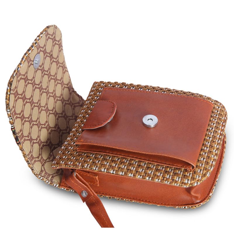 Image of Eco-Friendly Jute Ethnic Side Sling Bag /Cross Body Bag For Women /Girls With Front Mobile Pocket. Flop Closure With Adjustable Shoulder Strap-SLMB01