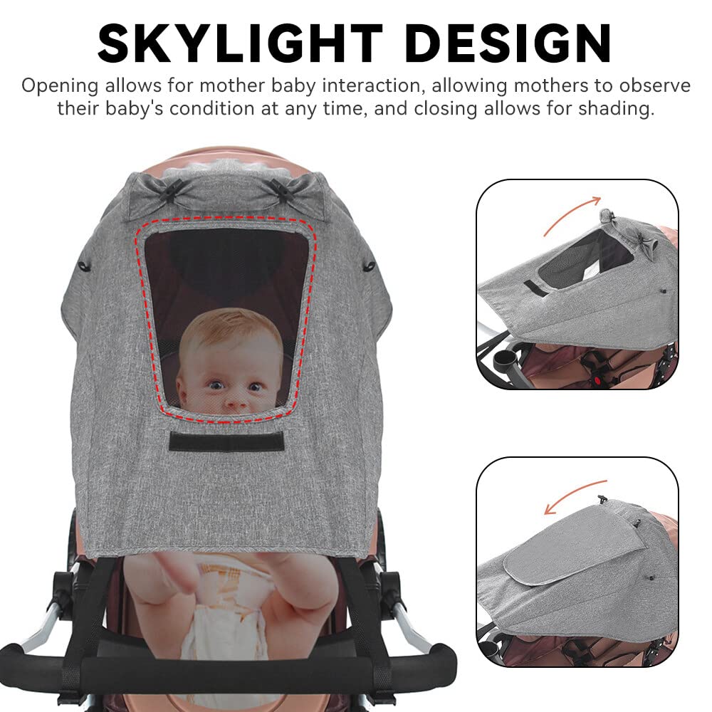 parasole passeggino universale con protezione UV 50+ e impermeabile, parasole ovetto universale - ombrellino parasole passeggino con finestrella e alette parasole, grigio