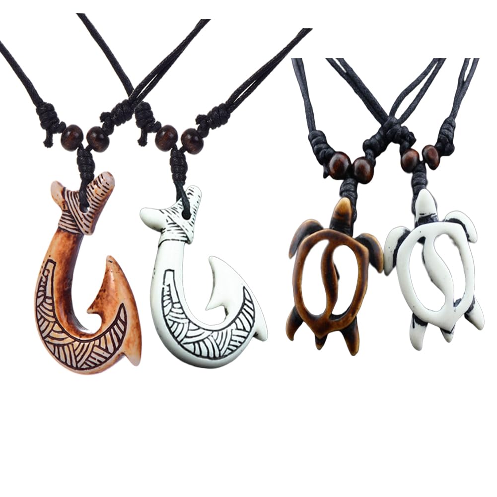4Pcs Turtle Shark Tooth Necklace Pendant Bohemian Handmade Waterproof Surfer Necklace for Women Men Summer Beach Jewelry Gift