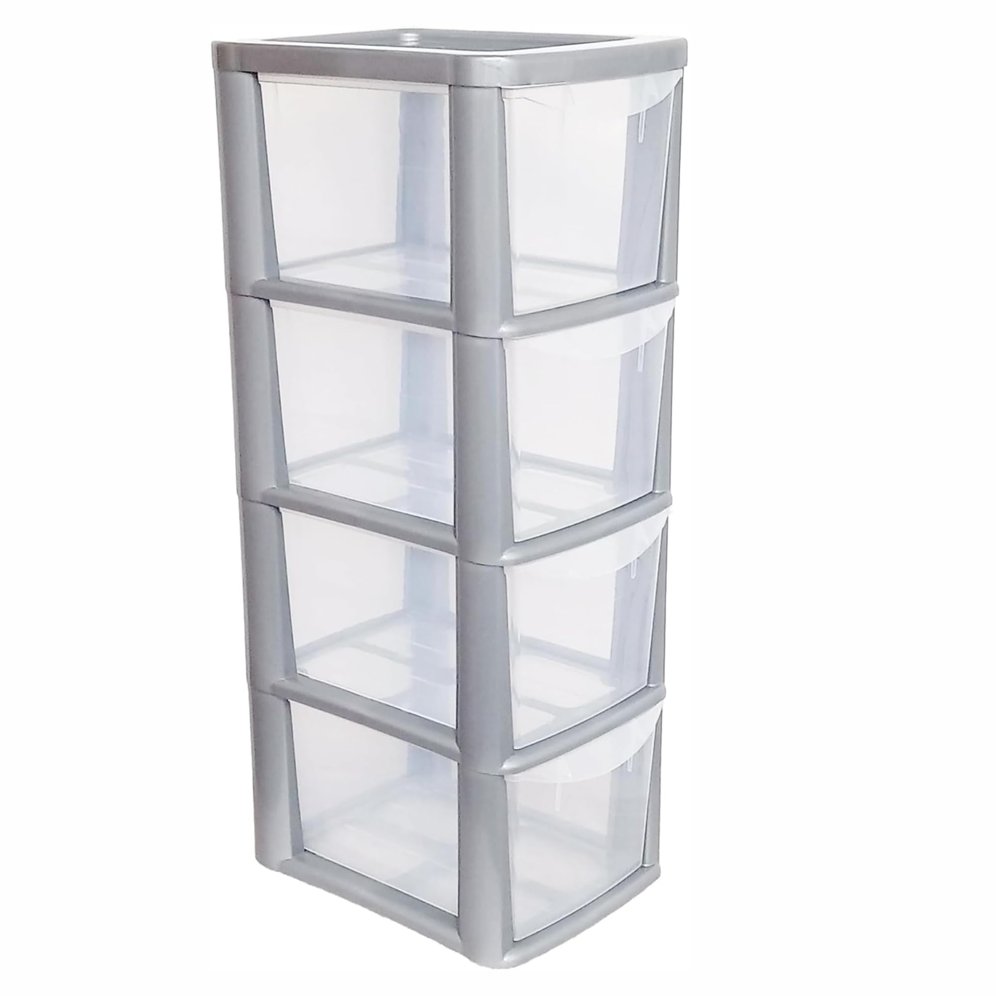 SIDSONS - Medium Rattan Effect Drawer Storage Unit Plastic Tower with Spacious Drawers for Home Office Bedroom Living Room Organisation Durable Stylish Design (Silver/Clear, 4 Tier)
