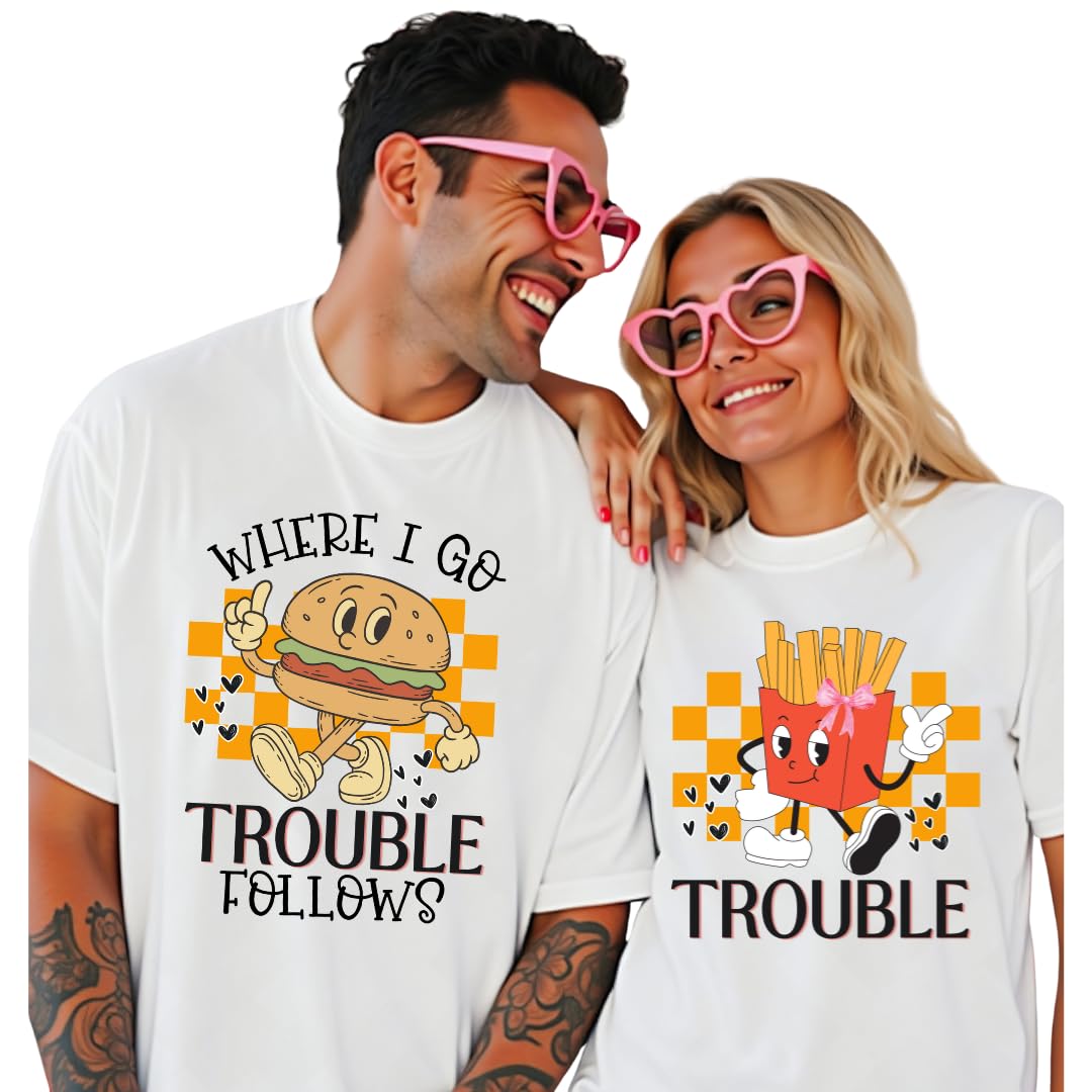 Funny Matching Valentines Day Couple Shirts Retro Burger Fries Where I Go Trouble Follows Couples T Shirts His and Hers Valentine Outfit Gift for Husband Wife Boyfriend Girlfriend Multicolor
