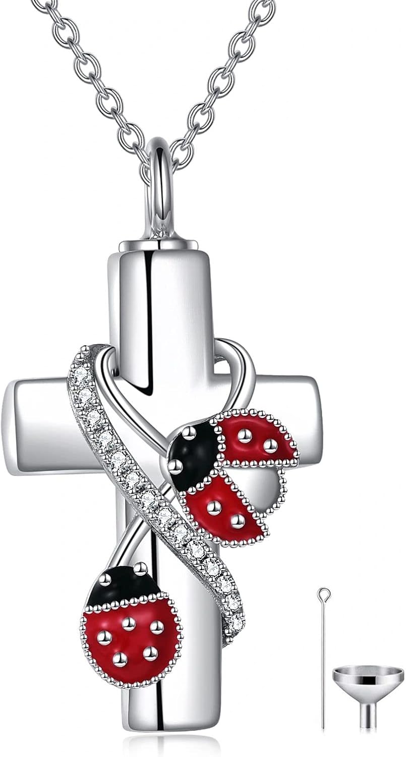 POPLYKE Urn Necklaces for Ashes 925 Sterling Silver Cross Necklace Cremation Animal Jewelry for Ashes Memorial Ash Pendant Keepsake Gifts