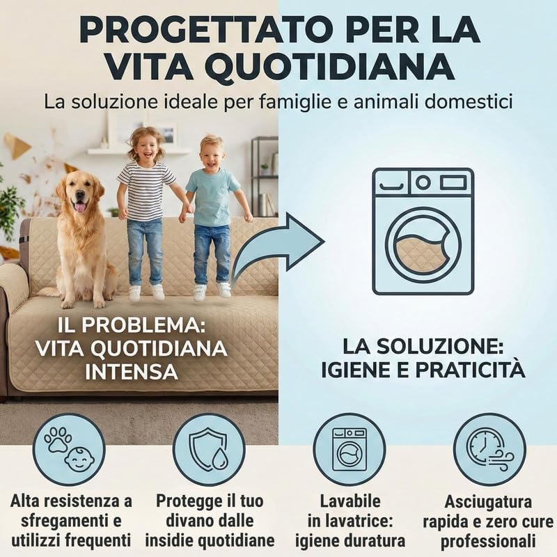 NARCISO Copridivano 3 Posti con Braccioli Made in Italy, Copri Divano Reversibile Realizzato in Microfibra Lavabile Nota per la Resistenza all'Usura Quotidiana, con Laccetti - Grigio Chiaro