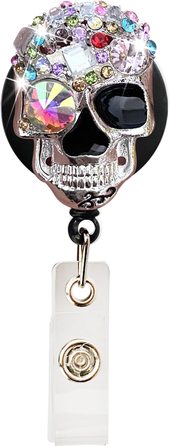 Wpppan Unisex Multi-Coloured Coloured Skull Diamond Badge Reel Cute Retractable Rhinestone Badge Holder Name Id Badge Clip With Swivel Alligator Reel Clip Badge Holders For Nurse Doctor Teachers,Identification Badges And Supplies