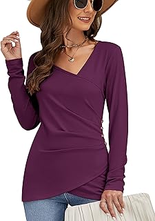 Sponsored Ad - Women's Asymmetrical V Neck Slim Fitted Tops Short Sleeve Cross Wrap Shirt with Side Button Printed/Solid T...