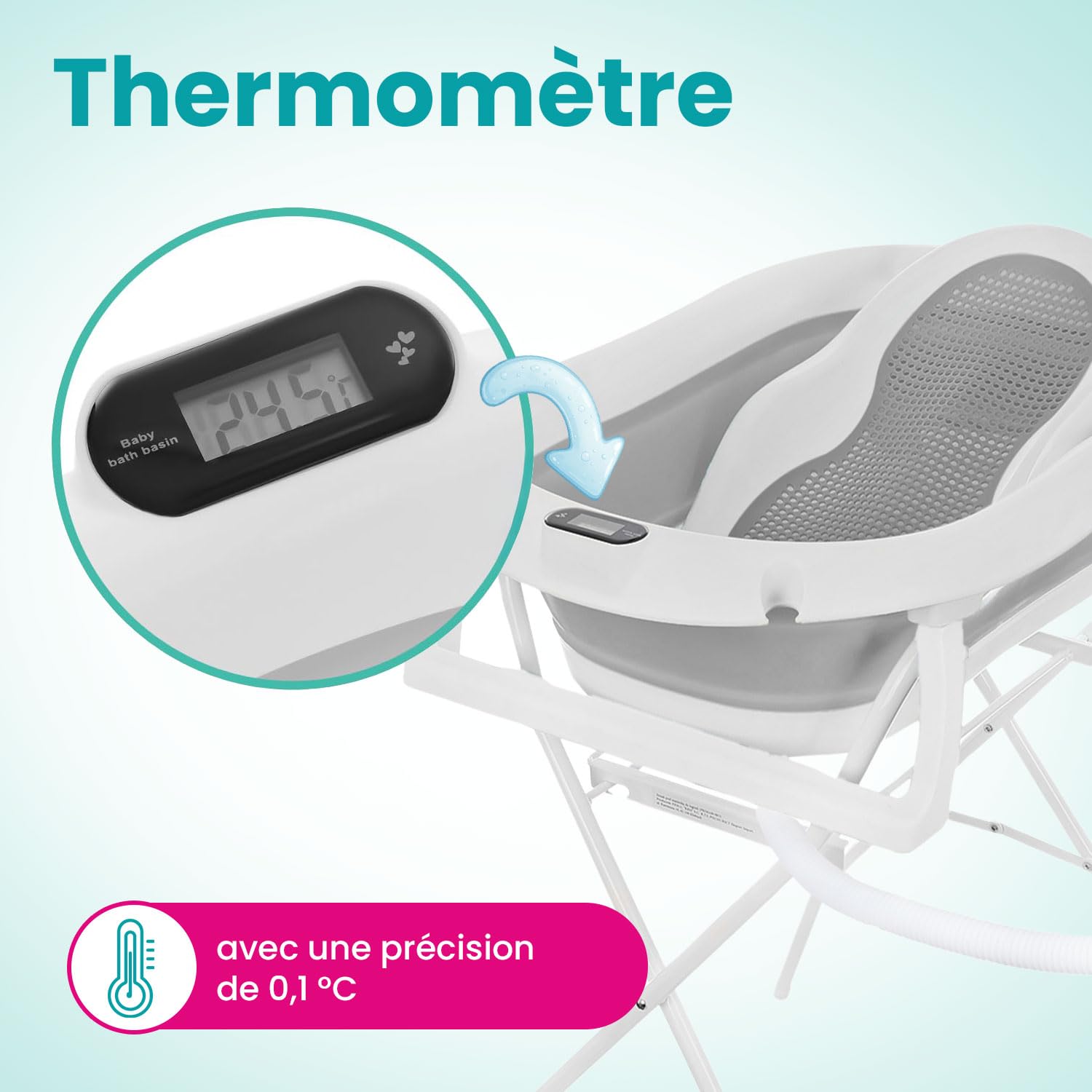 Primabobo Kit de Bain Bébé PREMIUM : Baignoire Pliable avec Thermomètre LCD Intelligent, Transat Ergonomique et Support Stable, Ensemble de Bain Luxe 80cm, Gris