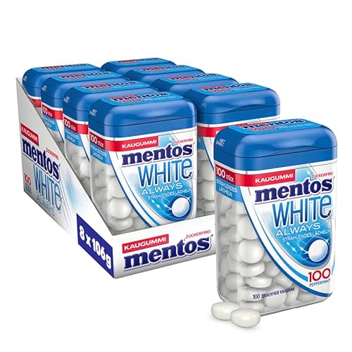Mentos Kaugummi Always White, 8 Dosen zuckerfreie Chewing Gum Dragees mit Pfefferminz-Geschmack für strahlendes Lächeln, Multipack (8 x 106g) Cover