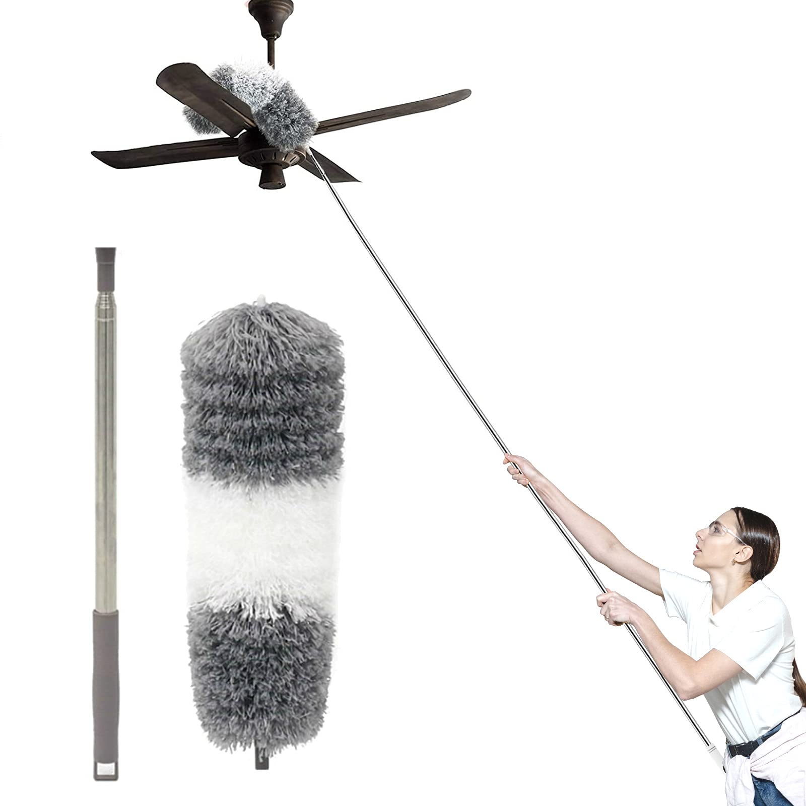 Telescoping Microfiber Duster,Dsuter with 100" Stainless Steel Extension Pole,with Protective Cap,Detachable & Washable & Bendable,Cleaner for Ceiling Fan,Lamps,Chandelier,Blind,Wall,Cobweb,Car (B08DJ8YMJ4) Amazon Price History, Amazon Price Tracker