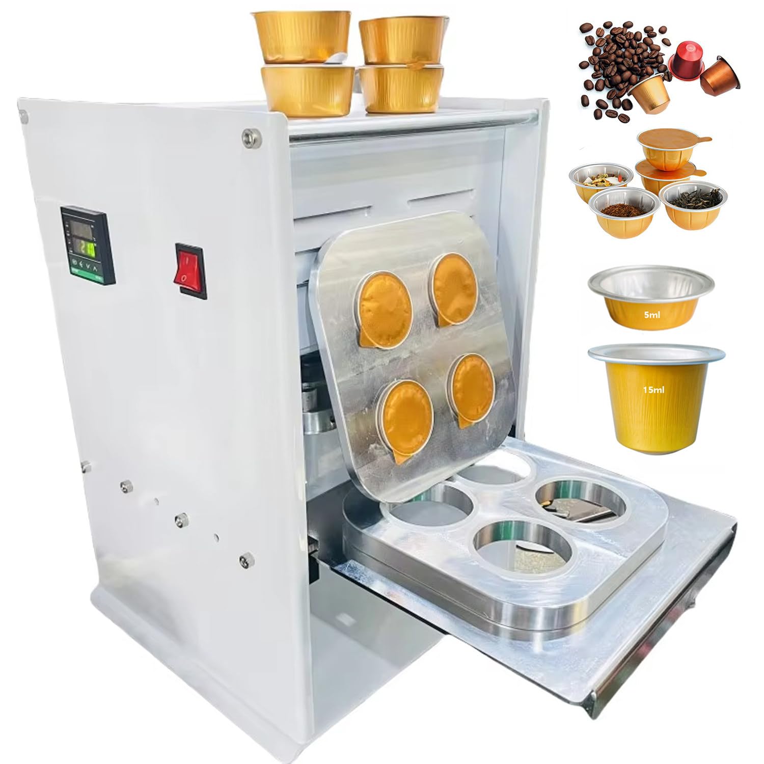 HADECOLL Manual Electric Cup Sealer for Coffee Pods and PP Cups, Aluminum Foil Sealing Machine with LCD Display for Tea, Sauce, Powder Packaging,5ML/15ML