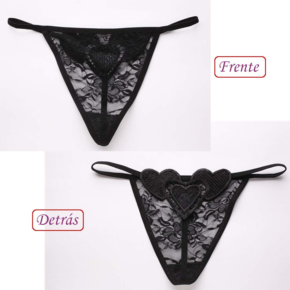 VicSec 4 Pack Braguitas Mujeres Sexy Encaje Fina, Erótica Tanga Suave G-String Atractiva Lencería Interior Espalda Decora Corazon Talla Única (Negro+Blanco+Rojo+Azul)