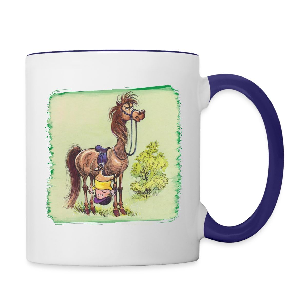 Spreadshirt Thelwell Equestrian Hanging By Stirrup Fun Fail Licensed Two-Tone Mug, One Size, white/cobalt blue