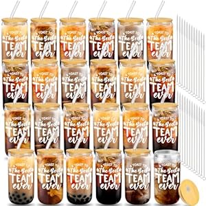 Layhit 24 Set Thank You Gifts Team Gifts for Employees Staff Coworker Appreciation Gifts for Teacher Nurse Thank You Glass Cups 16 oz Can Shaped Beer Glass with Lids Straws Brushes(Artistic Style)