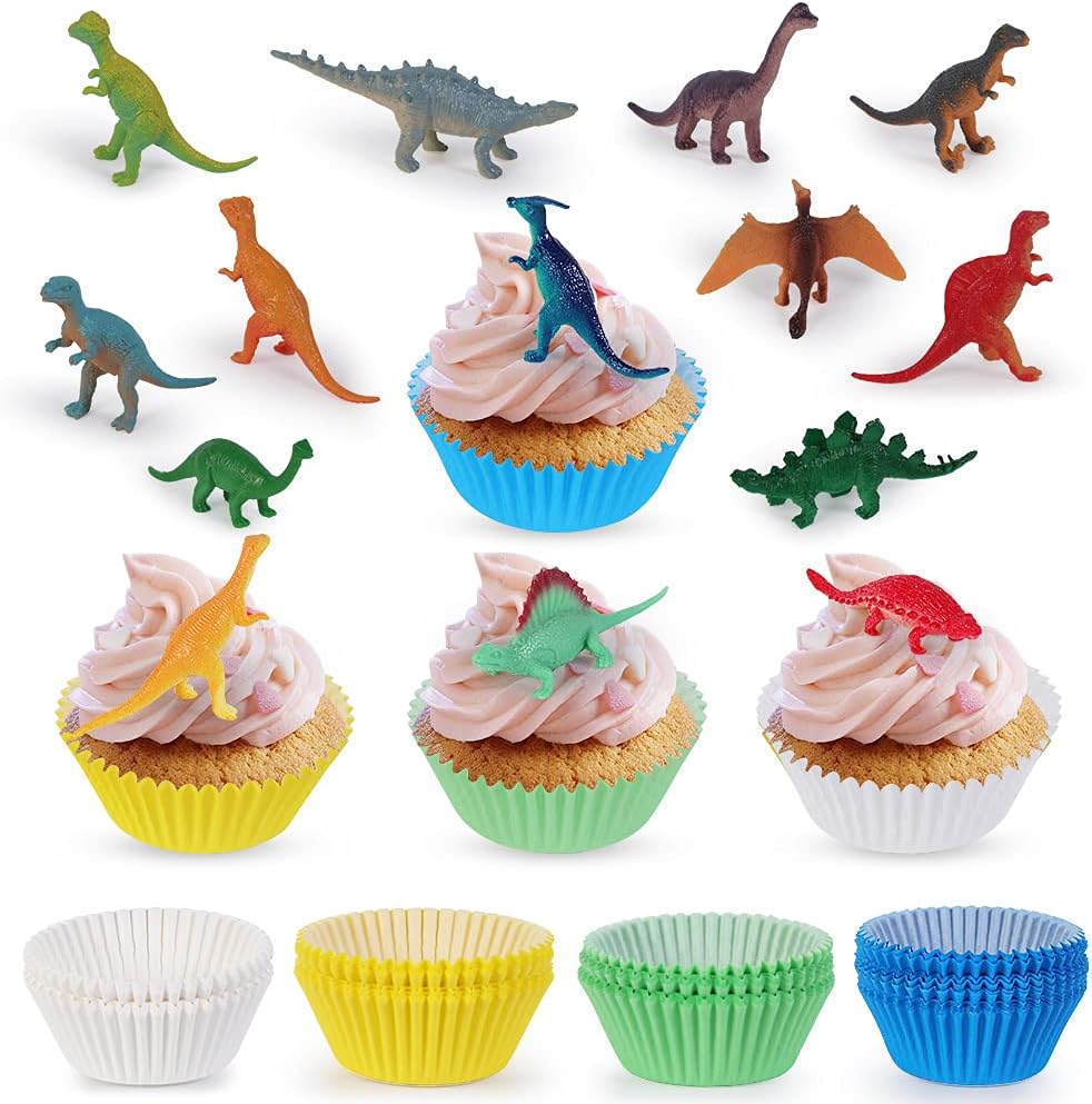 Kungfu Mall Cupcake Liners for Baking, 200Pcs Cupcake Liners with 24Pcs Mini Dinosaur Figurines, Dinosaur Party Decorations for Baby Shower Jungle Safari Party Birthday