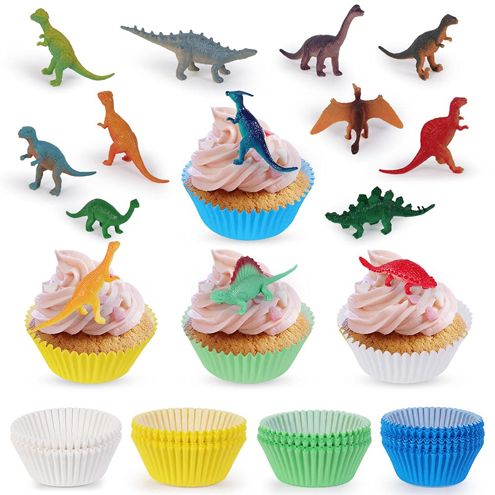 Kungfu Mall Cupcake Liners for Baking, 200Pcs Cupcake Liners with 24Pcs Mini Dinosaur Figurines, Dinosaur Party Decorations for Baby Shower Jungle Safari Party Birthday