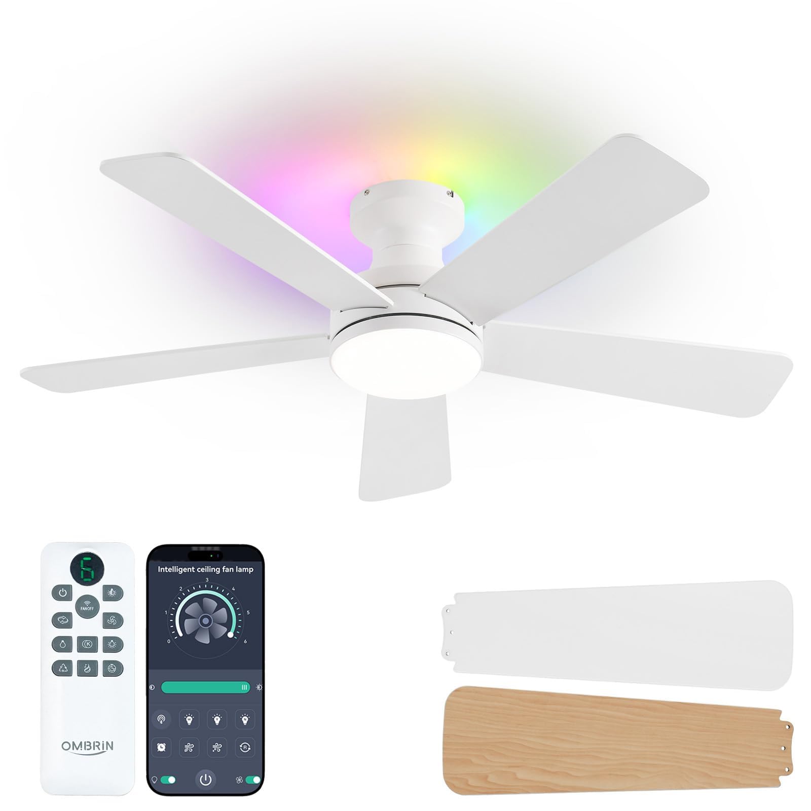 Photo 1 of Ombrin 42 Inch Ceiling Fans with Lights, RGB Ceiling Fan with Light, App&Remote Control, Flush Mount Low Profile, Reversible, 3CCT, Dimmable LED, Noiseless, White Ceiling Fan for Bedroom