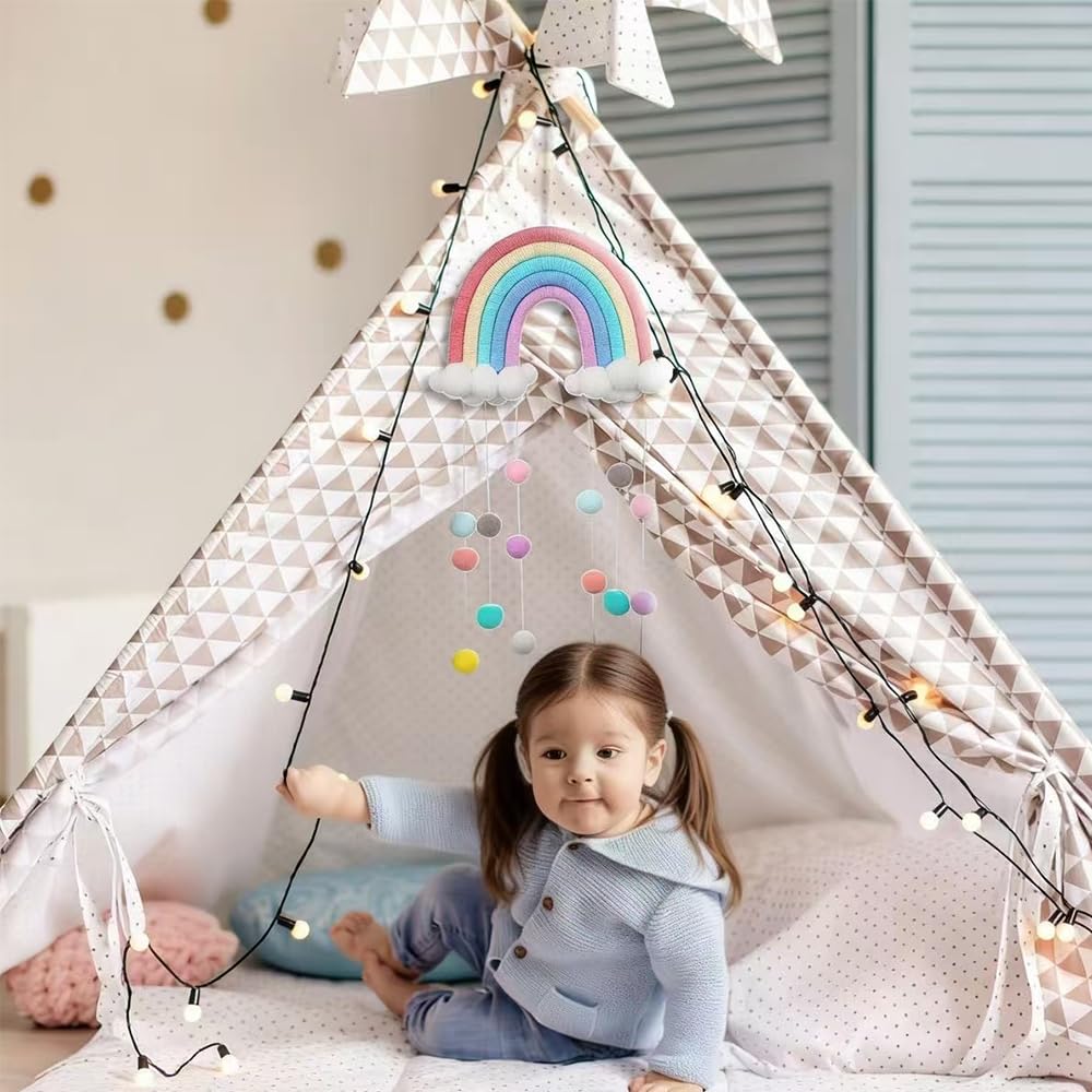 GOODCHANCEUK - Decoración de pared de macramé, diseño de nubes arcoíris de macramé, pompones boho para niños, habitación infantil