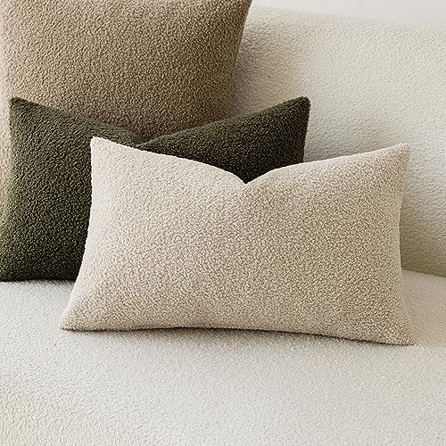 Image of Foindtower Pack of 2, Curly Faux Fur Decorative Throw Pillow Covers Soft Plush Cushion Case with Zipper Cozy Boho Lumbar Pillowcase for Home Living Room Couch Bedroom Sofa 12 x 20 Inch, Light Beige