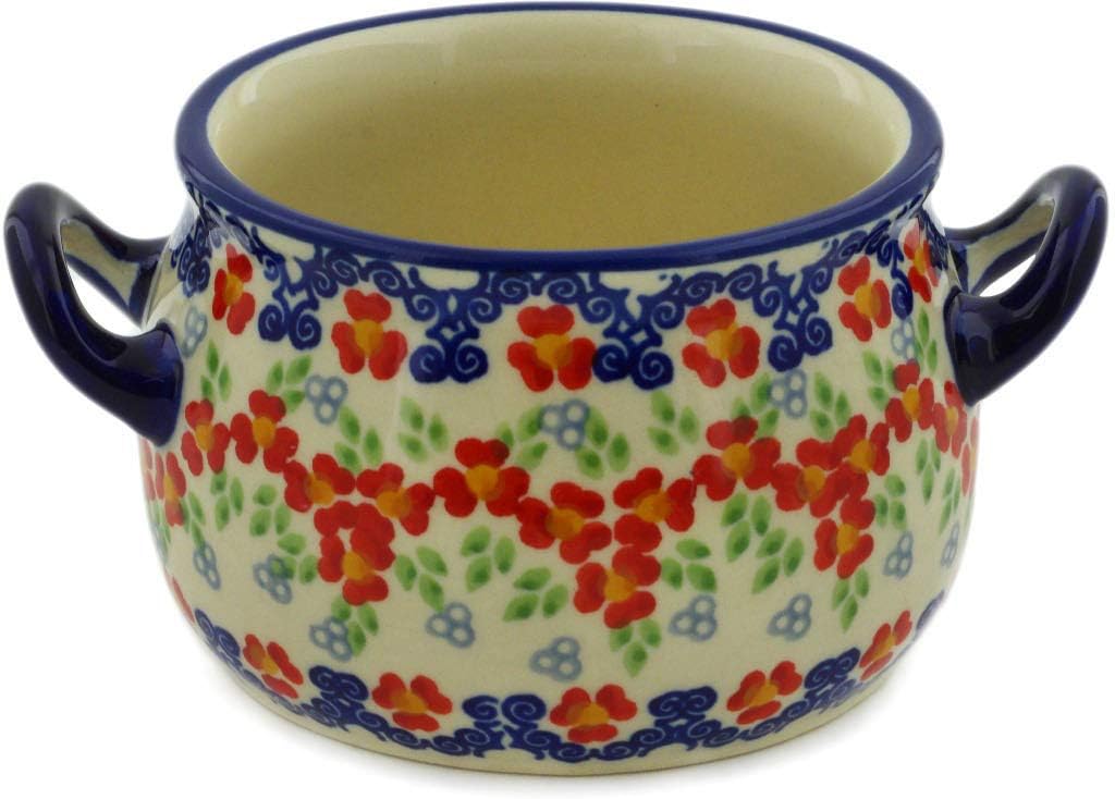 Polmedia Polish Pottery Bouillon Cup UNIKAT - Red Chains Pattern Handmade in Boleslawiec Poland + Certificate of Authenticity