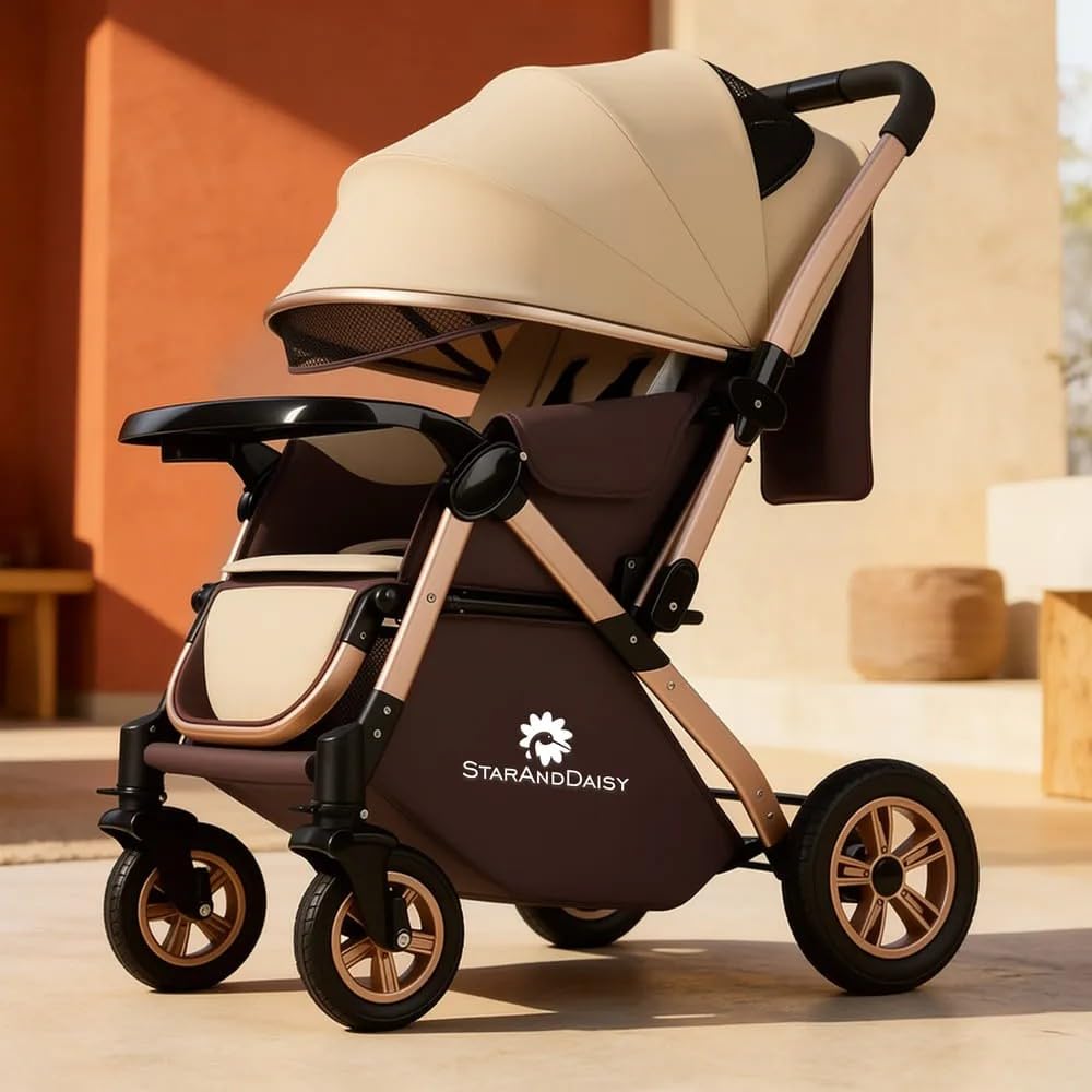 StarAndDaisy Baby Strollers / Pram for 0-3 Year Boys & Girls with Foldable Design, Food Tray, 4 Wheel Suspension, Easy to Convertible& Adjustable Seat, 5 Point Safety Belt, Light Weight & Convenient -(Beige)-image-5