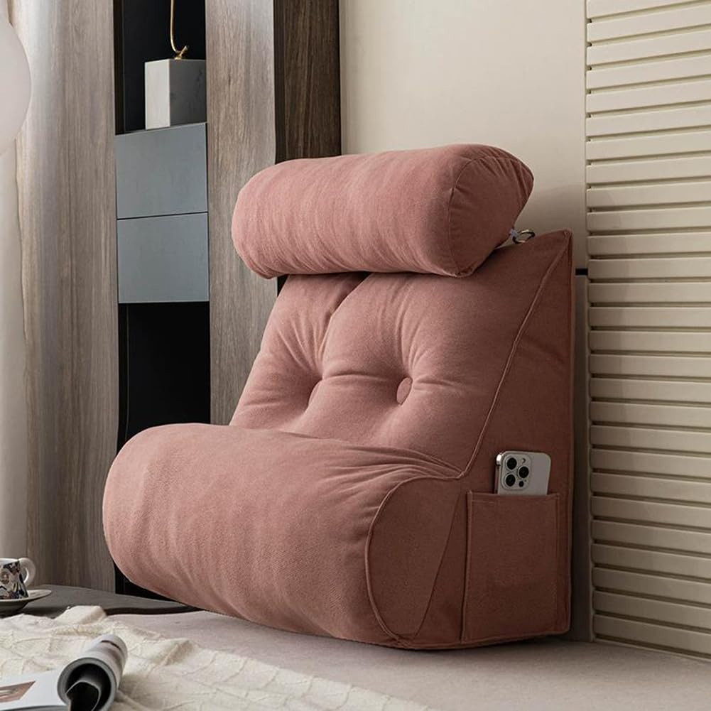 HEANCRIE Ergonomic Lumbar Positioning Support Reading Pillow with Neck Bolster,60cm Thicken Backrest Cushion,Elasticity Headrest Pad with Side Pocket for Bed Relax (Pink,60X50X30CM)