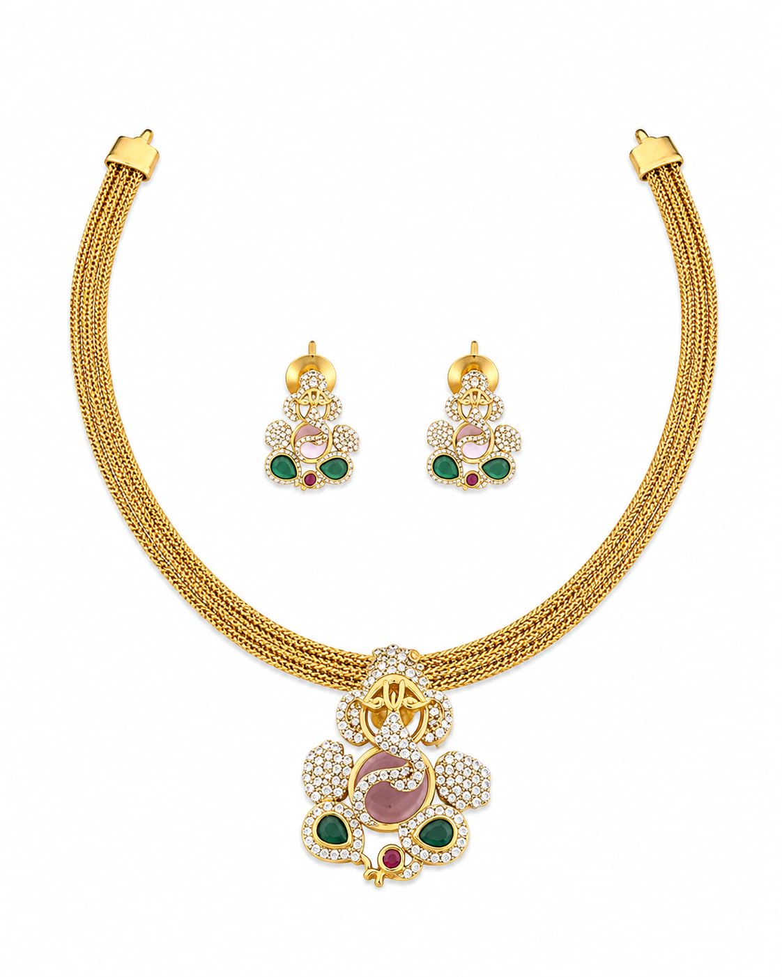 Gold Plated Lord Ganesha Pendant Necklace Set for Women | American Diamond CZ Stone Temple Jewellery Set with Earrings | Vinayagar Design Traditional Bridal Wedding Party Jewellery-image-47