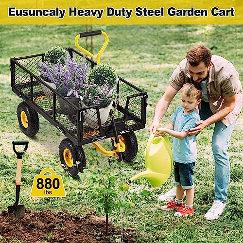 Eusuncaly Steel Garden Cart with Removable Sides, 880LBS Heavy Duty Utility Wagon Cart with Huge Pneumatic All Terrain Tires, Wagon Cart with 180°Adjustable Handle for Garden,Farm,Yard,Black